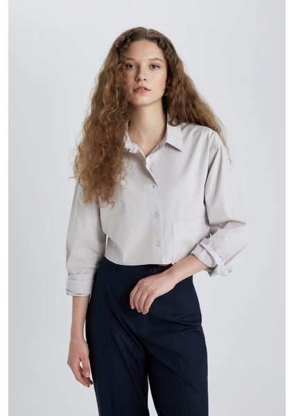 Oversize Geniş Kalıp Crop Poplin Uzun Kollu Gömlek C5026AX24SP