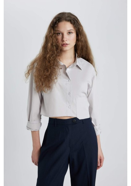 Oversize Geniş Kalıp Crop Poplin Uzun Kollu Gömlek C5026AX24SP