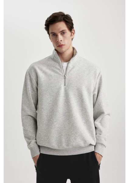 Oversize Geniş Kalıp Fermuarlı Dik Yaka Basic Düz Sweatshirt C5838AX23WN