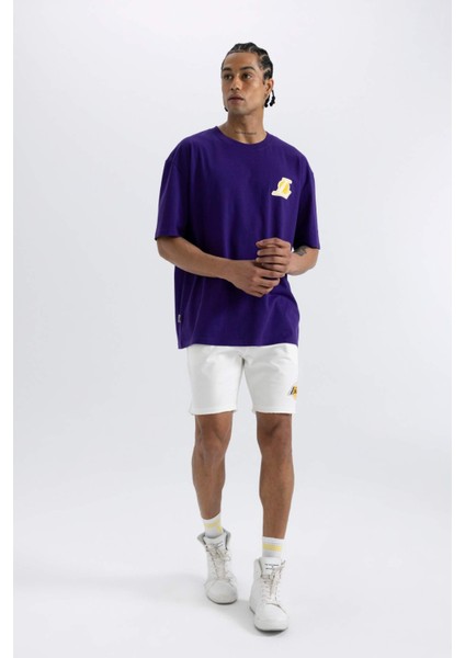 DeFactoFit NBA Los Angeles Lakers Oversize Fit Bisiklet Yaka Kısa Kollu Tişört A1998AX24SM