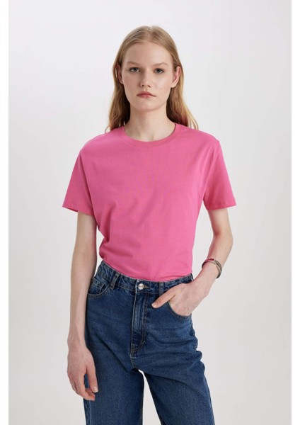 Regular Fit Bisiklet Yaka Penye Basic Düz Kısa Kollu Tişört W9584AZ24SM