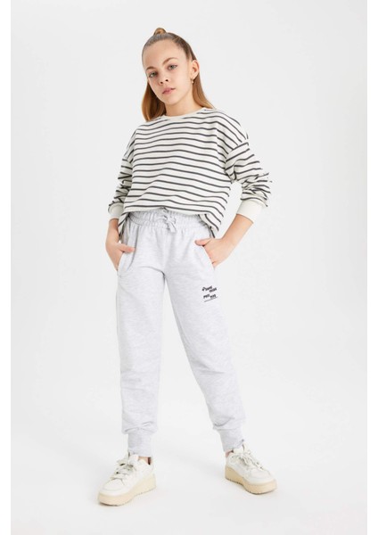Kız Çocuk Baskılı Beli Bağcıklı Lastikli Paça Cepli Gri Jogger Eşofman Altı B6401A824SM