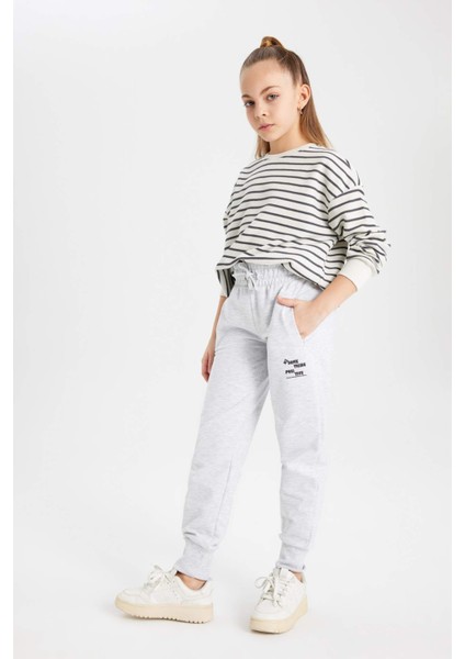 Kız Çocuk Baskılı Beli Bağcıklı Lastikli Paça Cepli Gri Jogger Eşofman Altı B6401A824SM