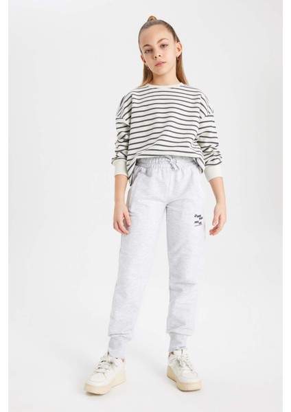 Kız Çocuk Baskılı Beli Bağcıklı Lastikli Paça Cepli Gri Jogger Eşofman Altı B6401A824SM