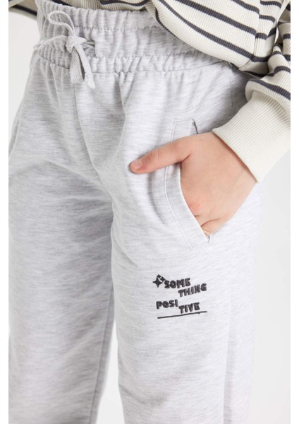 Kız Çocuk Baskılı Beli Bağcıklı Lastikli Paça Cepli Gri Jogger Eşofman Altı B6401A824SM