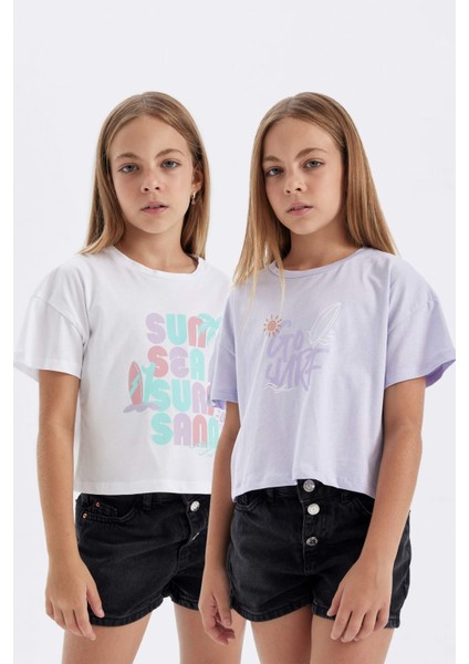 Kız Çocuk Crop Bisiklet Yaka Baskılı 2'li Kısa Kollu Tişört C5254A824SM