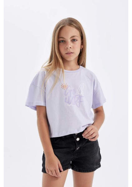 Kız Çocuk Crop Bisiklet Yaka Baskılı 2'li Kısa Kollu Tişört C5254A824SM fiyatları