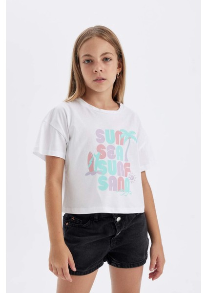 Kız Çocuk Crop Bisiklet Yaka Baskılı 2'li Kısa Kollu Tişört C5254A824SM modelleri