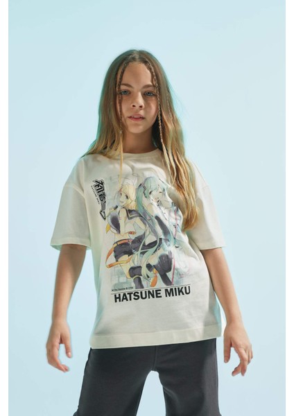 Kız Çocuk Hatsune Miku Oversize Geniş Kalıp Bisiklet Yaka Kısa Kollu Tişört C4691A824SM