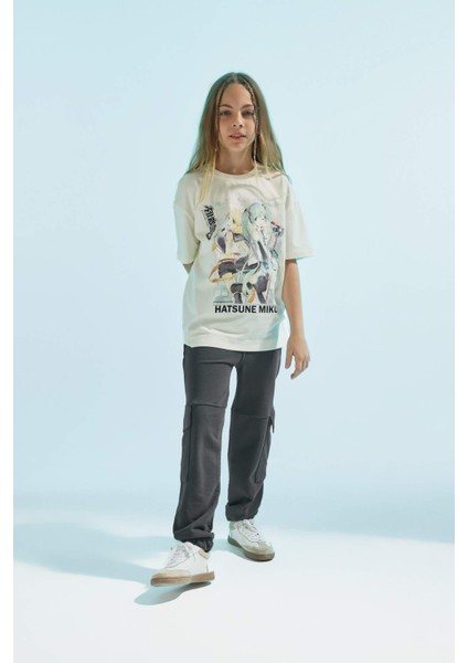 Kız Çocuk Hatsune Miku Oversize Geniş Kalıp Bisiklet Yaka Kısa Kollu Tişört C4691A824SM