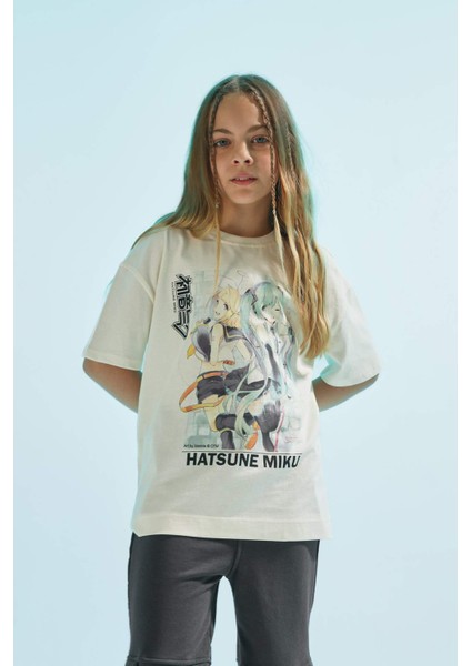 Kız Çocuk Hatsune Miku Oversize Geniş Kalıp Bisiklet Yaka Kısa Kollu Tişört C4691A824SM