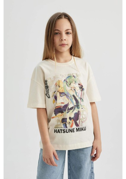 Kız Çocuk Hatsune Miku Oversize Geniş Kalıp Bisiklet Yaka Kısa Kollu Tişört C4691A824SM