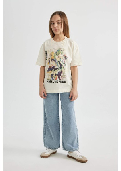 Kız Çocuk Hatsune Miku Oversize Geniş Kalıp Bisiklet Yaka Kısa Kollu Tişört C4691A824SM