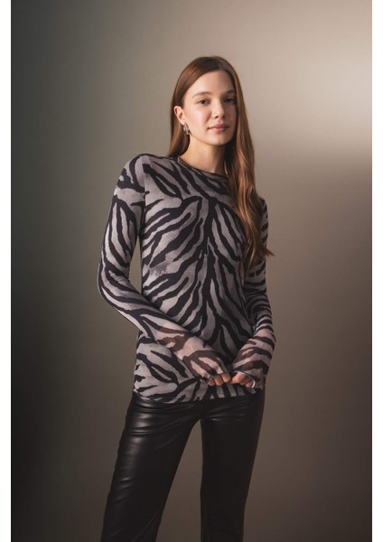 Bisiklet Yaka Zebra Desenli Tül Uzun Kollu Tişört Tunik B7188AX23CW