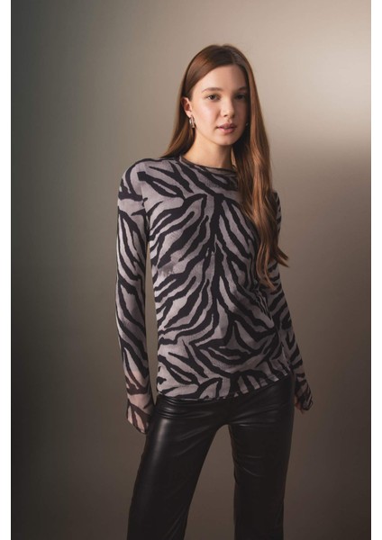 Bisiklet Yaka Zebra Desenli Tül Uzun Kollu Tişört Tunik B7188AX23CW