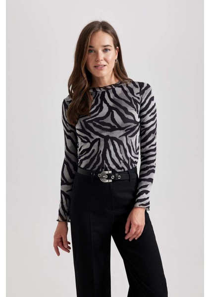 Bisiklet Yaka Zebra Desenli Tül Uzun Kollu Tişört Tunik B7188AX23CW
