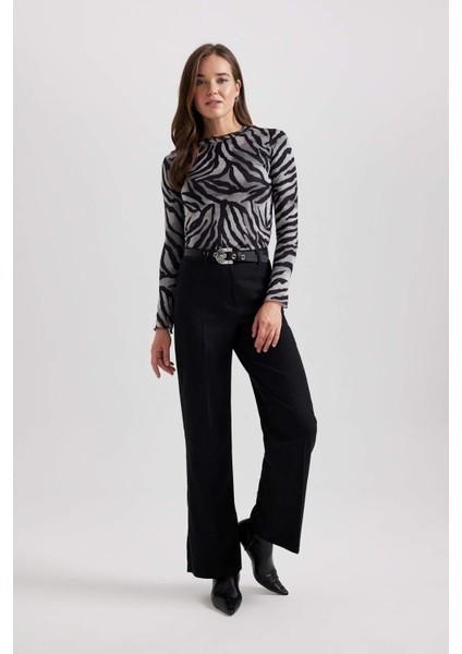 Bisiklet Yaka Zebra Desenli Tül Uzun Kollu Tişört Tunik B7188AX23CW