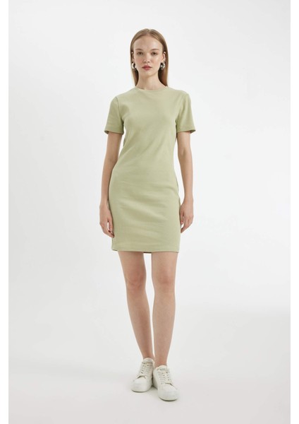 Coool Bodycon Vücudu Saran Bisiklet Yaka Fitilli Kaşkorse Kısa Kollu Mini Elbise C1503AX24SP