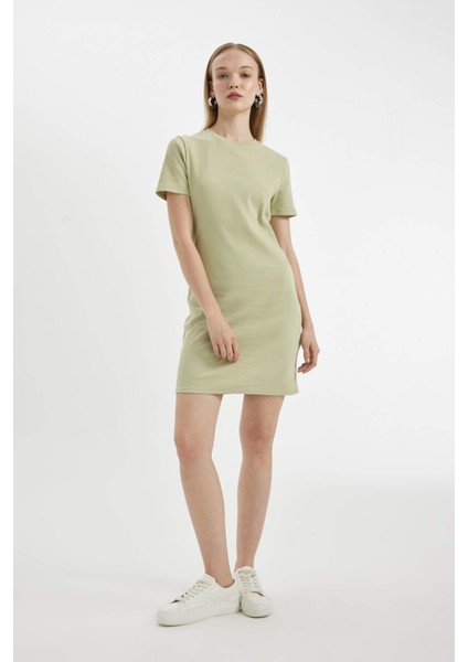 Coool Bodycon Vücudu Saran Bisiklet Yaka Fitilli Kaşkorse Kısa Kollu Mini Elbise C1503AX24SP