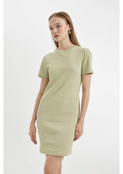 Coool Bodycon Vücudu Saran Bisiklet Yaka Fitilli Kaşkorse Kısa Kollu Mini Elbise C1503AX24SP