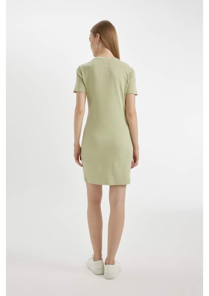 Coool Bodycon Vücudu Saran Bisiklet Yaka Fitilli Kaşkorse Kısa Kollu Mini Elbise C1503AX24SP
