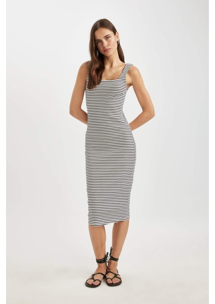 Bodycon Vücudu Saran Kare Yaka Çizgili Fitilli Kaşkorse Askılı Midi Elbise A9422AX24SM