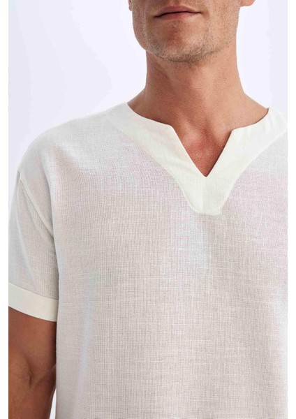 Regular Fit Yazlık V Yaka Pamuklu Kısa Kollu Gömlek X9812AZ24SM