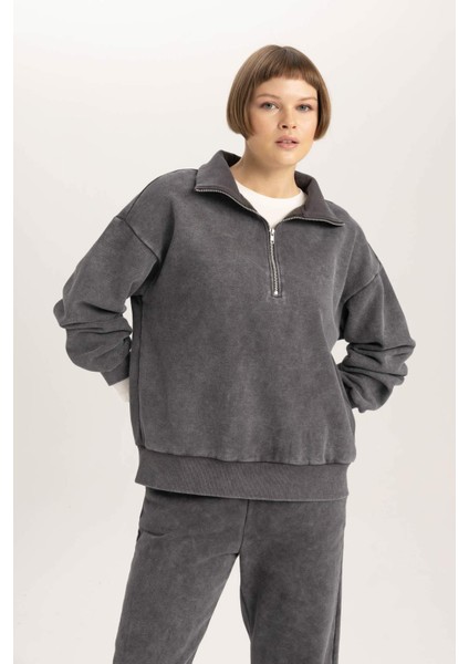 Relax Fit Polo Yaka Yarım Fermuarlı Sweatshirt B9016AX23WN