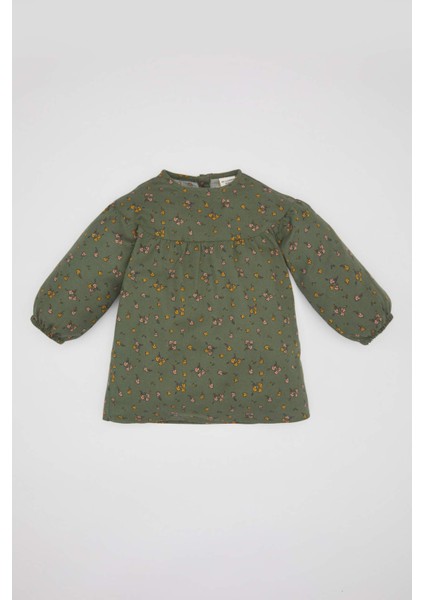 Kız Bebek Çiçekli Uzun Kollu Twill Elbise C0498A524SP