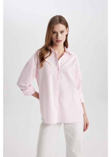 Oversize Geniş Kalıp Basic Düz Oxford Uzun Kollu Gömlek C4597AX24SM