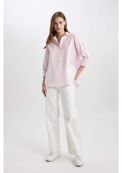 Oversize Geniş Kalıp Basic Düz Oxford Uzun Kollu Gömlek C4597AX24SM