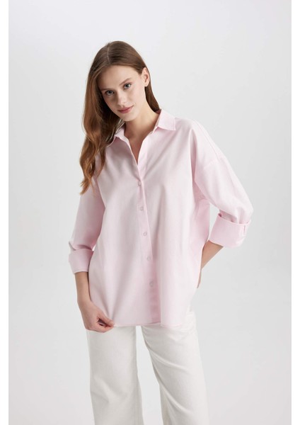 Oversize Geniş Kalıp Basic Düz Oxford Uzun Kollu Gömlek C4597AX24SM