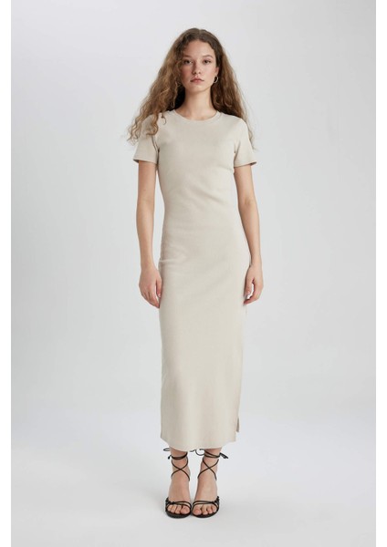 Bodycon Vücudu Saran Bisiklet Yaka Fitilli Kaşkorse Kısa Kollu Maxi Elbise C1509AX24SP