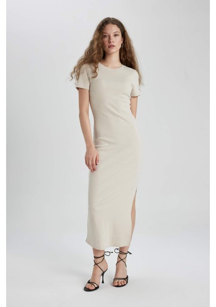 Bodycon Vücudu Saran Bisiklet Yaka Fitilli Kaşkorse Kısa Kollu Maxi Elbise C1509AX24SP