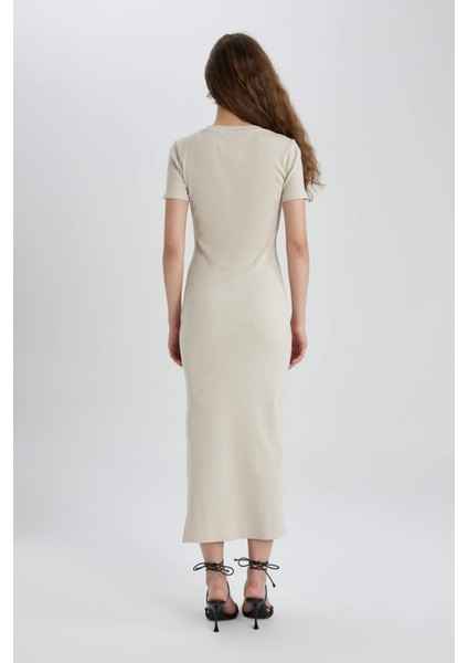 Bodycon Vücudu Saran Bisiklet Yaka Fitilli Kaşkorse Kısa Kollu Maxi Elbise C1509AX24SP
