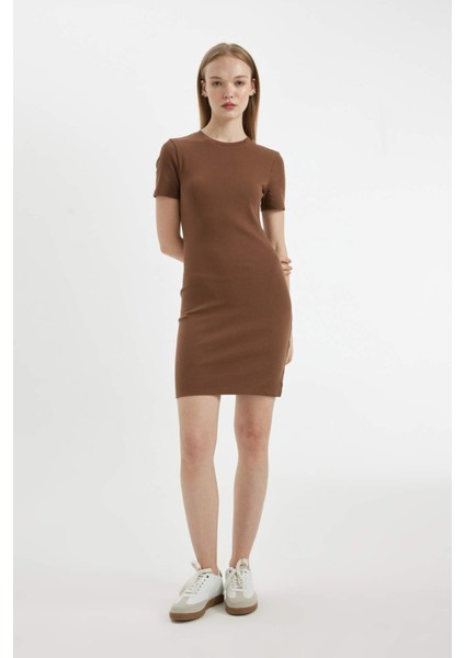 Coool Bodycon Vücudu Saran Bisiklet Yaka Fitilli Kaşkorse Kısa Kollu Mini Elbise C1503AX24SP
