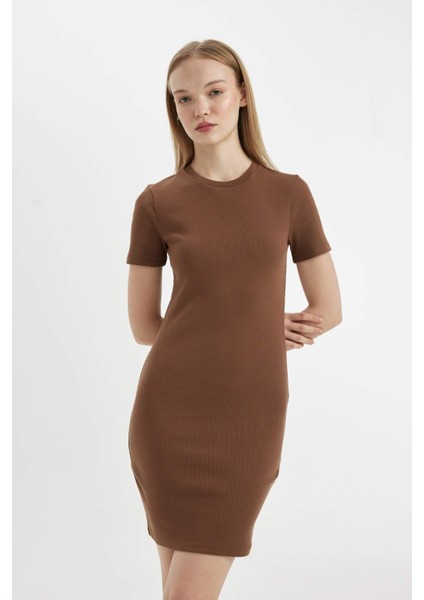 Coool Bodycon Vücudu Saran Bisiklet Yaka Fitilli Kaşkorse Kısa Kollu Mini Elbise C1503AX24SP