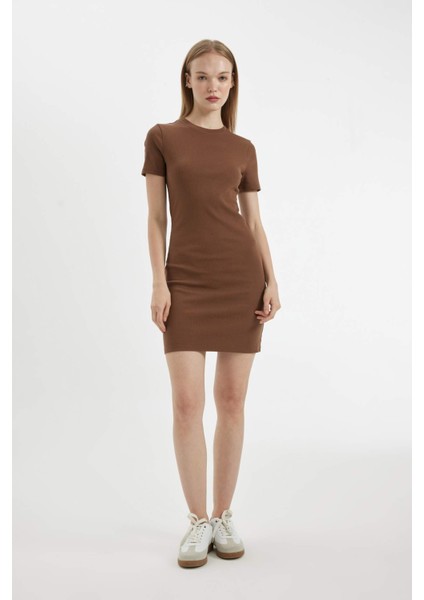 Coool Bodycon Vücudu Saran Bisiklet Yaka Fitilli Kaşkorse Kısa Kollu Mini Elbise C1503AX24SP
