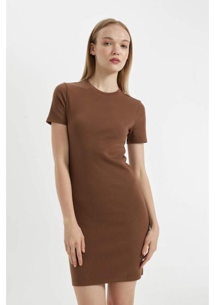 Coool Bodycon Vücudu Saran Bisiklet Yaka Fitilli Kaşkorse Kısa Kollu Mini Elbise C1503AX24SP