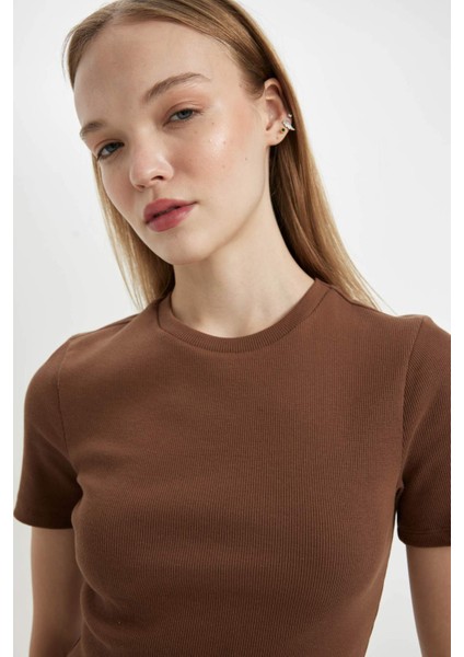 Coool Bodycon Vücudu Saran Bisiklet Yaka Fitilli Kaşkorse Kısa Kollu Mini Elbise C1503AX24SP