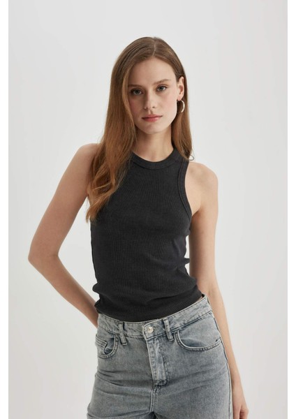 Slim Fit Dar Kesim Halter Yaka Fitilli Kaşkorse Yıkamalı Soluk Efektli Atlet C4327AX24SP