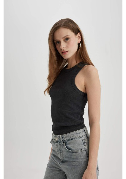 Slim Fit Dar Kesim Halter Yaka Fitilli Kaşkorse Yıkamalı Soluk Efektli Atlet C4327AX24SP