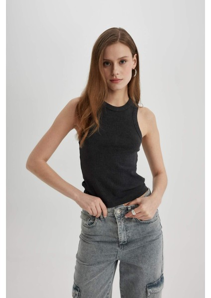 Slim Fit Dar Kesim Halter Yaka Fitilli Kaşkorse Yıkamalı Soluk Efektli Atlet C4327AX24SP
