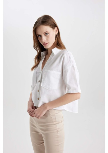 Boxy Fit Keten Karışımlı Kısa Kollu Gömlek V2523AZ24SM fırsatları