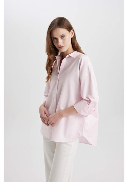 Oversize Geniş Kalıp Basic Düz Oxford Uzun Kollu Gömlek C4597AX24SM