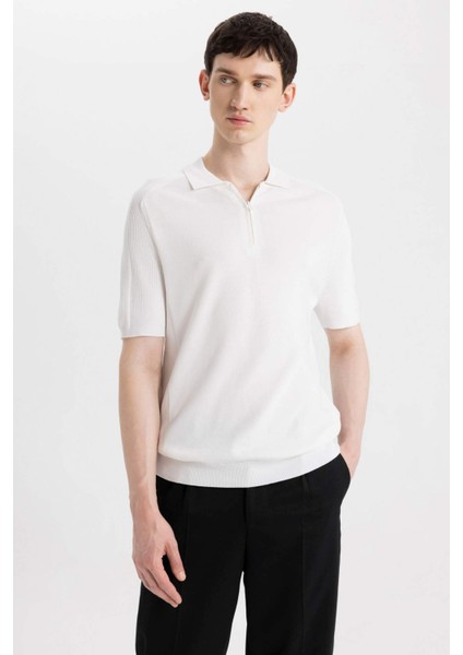 Slim Fit Dar Kesim Polo Yaka Kısa Kollu Basic Düz Fermuarlı Triko Tişört C4917AX24SM fırsatları