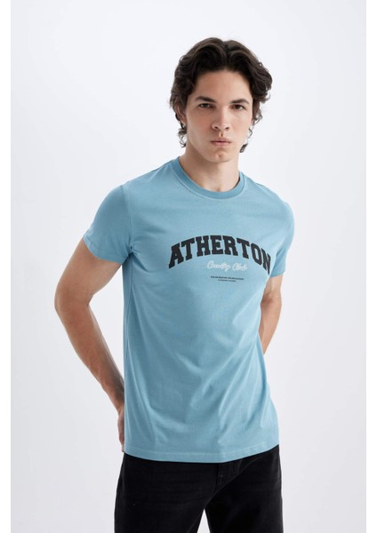 Slim Fit Dar Kesim Bisiklet Yaka Baskılı Kısa Kollu Tişört C5674AX24HS