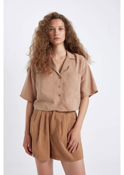 Oversize Geniş Kalıp Pijama Yaka Modal Kısa Kollu Gömlek X7255AZ24HS