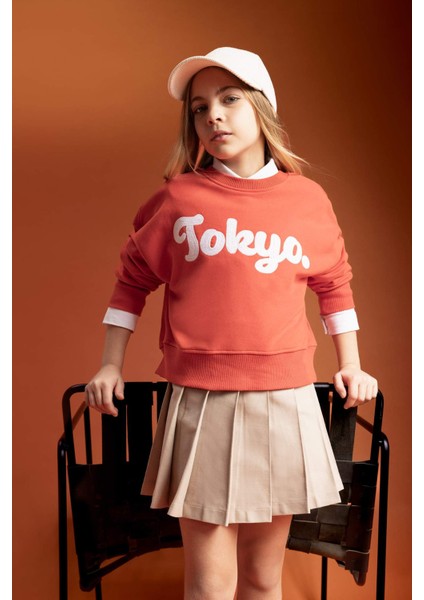 Kız Çocuk Crop Bisiklet Yaka Baskılı Sweatshirt B9934A824SP