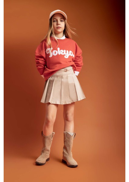 Kız Çocuk Crop Bisiklet Yaka Baskılı Sweatshirt B9934A824SP fiyatları